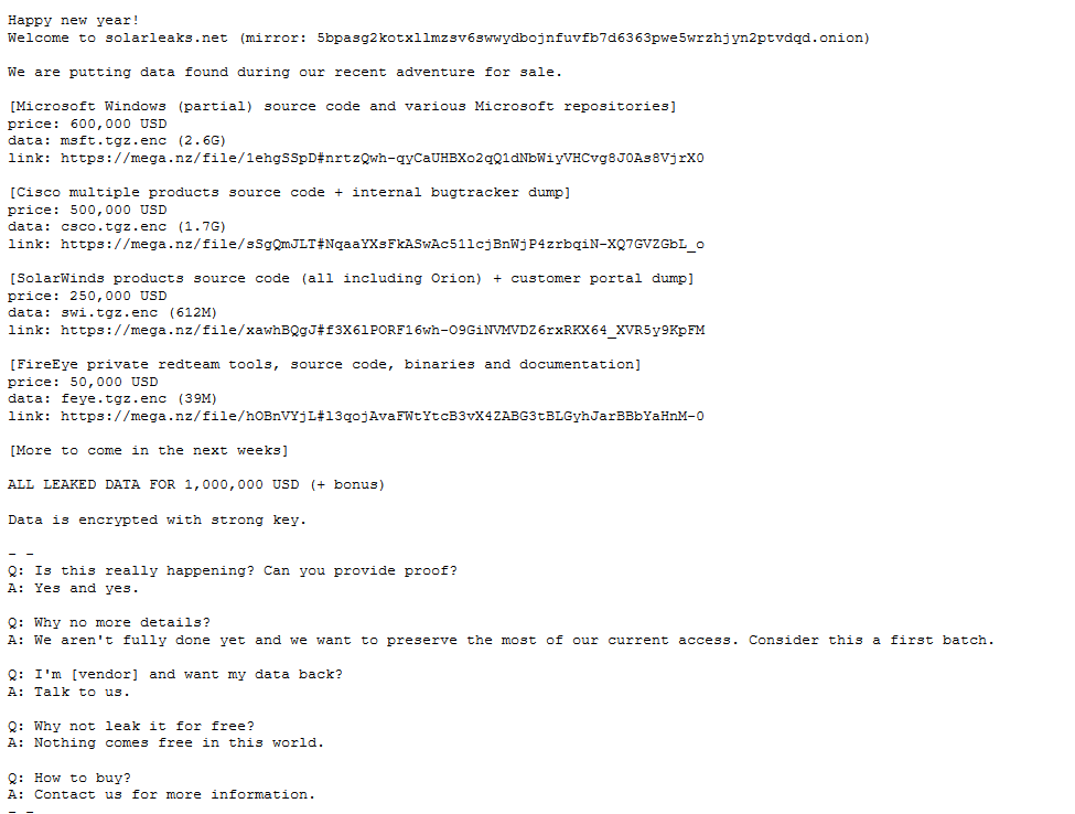 solarwinds leaked data for sale image 1