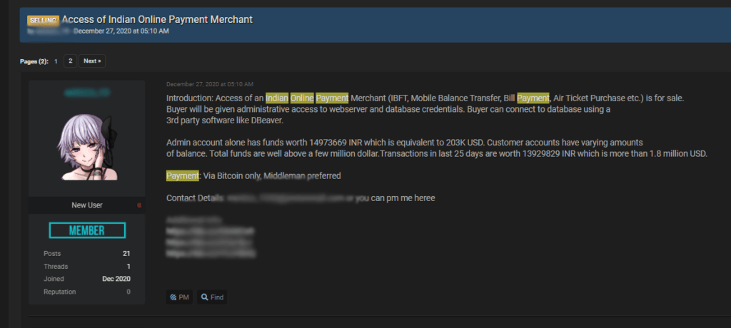 notorious dark web forum India financial industry image 1
