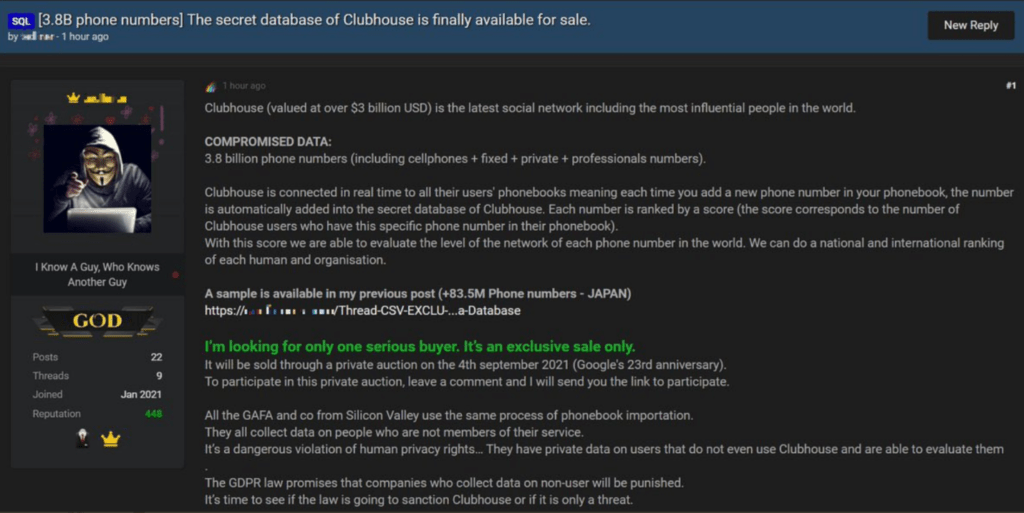 Clubhouse Data Breached darknet seller image 1